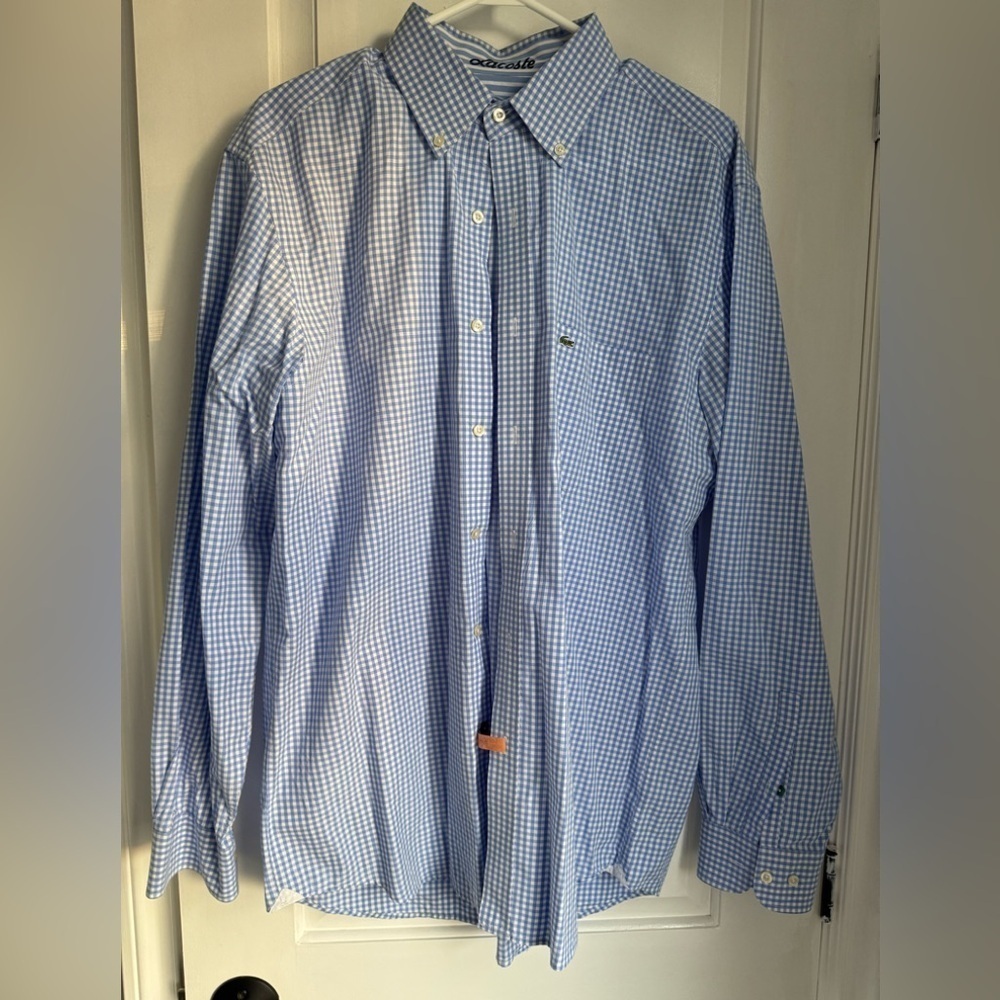 LACOSTE blue and white collared long sleeve button up dress shirt (EU 41)